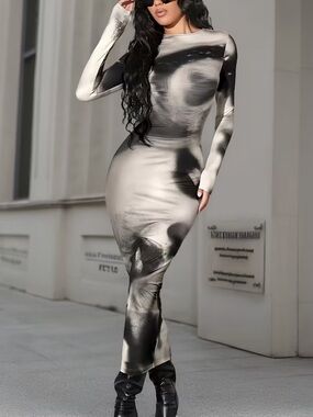 SHEIN Metallic Black and White Long-Sleeve Bodycon Dress